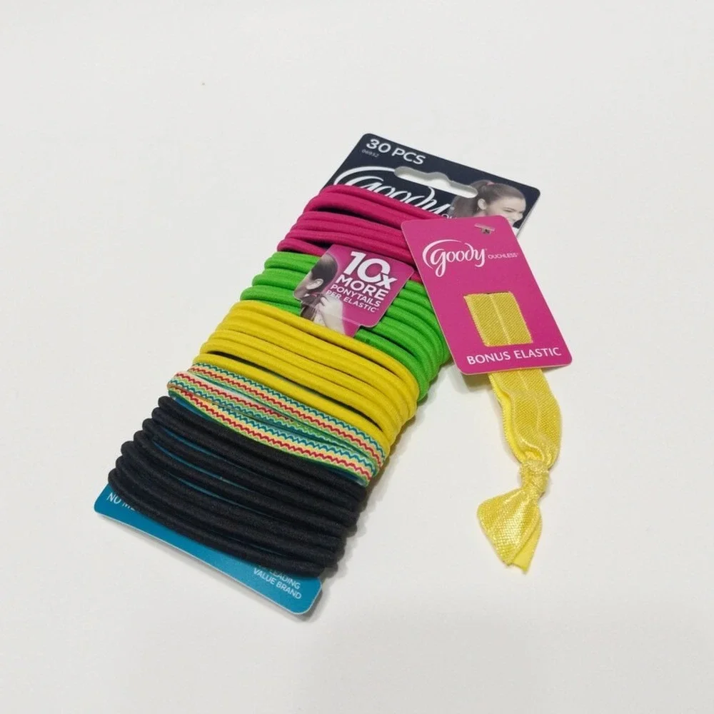 Goody Ouchless Hair Ties 30 PCS Black Pink Green w/ Yellow Ribbon Elastic
